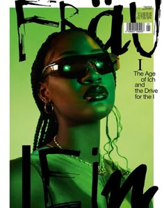 a woman with green makeup on the cover of a magazine, wearing sunglasses and braids