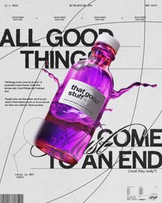 a purple bottle that is sitting on top of a poster