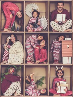 a group of people dressed in pajamas and holding presents