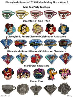 the disney and mickey mouse pin set is shown in various colors, shapes and sizes