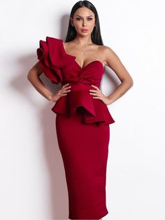 One Shoulder Ruffle Dress | Celebrity Party Dress | NC Fashions Shoulder Ruffle Dress, Party Kleidung, Glamorous Style, Midi Cocktail Dress, Midi Dress Party, Cocktail Party Dress, Dress Midi, Formal Party, Solid Dress