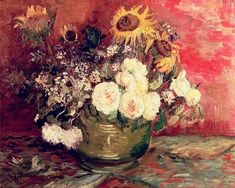 a painting of sunflowers and other flowers in a green vase on a table