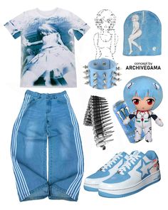 🥶 Follow @archivegama for more!  γ - Tee - Invert Harsh Party Print Tee by @hako.anarc  γ - Pants - Track Jeans by @__heavencanwait__  γ - Plushie - Great Eastern Evangelion GE-52302 Rei Plugsuit Stuffed Plush  γ - Footwear - Ayanamista Sneaker by @99store.online  γ - Beanie -@_yuminha_ Beanie  γ - Drink - @monsterenergy Ultra blue  γ - Bracelet - Punk Exaggerated Leather Tapered Pointed Rivet Three Bracelets  γ - Belt - Bullet belt,Punk belt,Gothic Belt by CyberGothicFactory  #archivegama Evangelion Inspired Outfit, Evangelion Clothing, Kitch Style, Rei Plush, Gothic Belt, Bullet Belt, Punk Belt, Recycled Outfits, Trashy Outfits