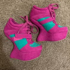 Velvet Pink And Turquoise Gravity Booties Heel. Casual Pink Lace-up Heels, Pink Fitted Wedge Heels, Fitted Pink Wedge Heels, Womens Bogs, Joan Of Arctic Wedge, Kitten Heel Boots, Velvet Pink, Sorel Joan, Ugg Mini