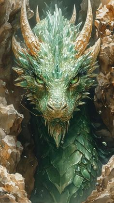 a painting of a green dragon with large horns