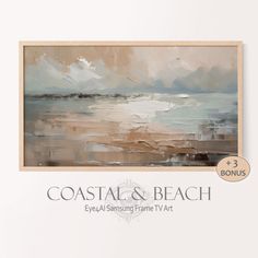 the coastal and beach painting is displayed in front of a white wall with a brown frame