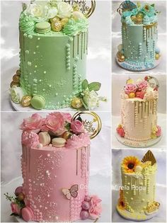 there are four different cakes with flowers on them