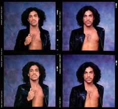 four pictures of a man with long hair and no shirt, wearing a leather jacket