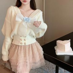 Big B0w Lady Sweater Cardigan Sweater Cardigan Outfit, Chinese Outfits, Kawaii Store, White Sweater Cardigan, Style Kawaii, Harajuku Outfits, Kawaii Fashion Outfits, Chunky Cardigan, Pretty Clothes