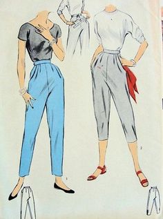 1950s Pants, Vogue Illustrations, Vintage Maternity, Vintage Fashion 1950s, Pattern Maker, Pedal Pushers, Skirts And Dresses, Maternity Pants