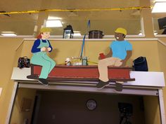 two cartoon figures sitting on top of a boat in a room with yellow caution tape