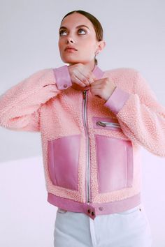 Our most-beloved RCR silhouette has found its coziest fabrication in sherpa. Constructed from hand- dyed pale-pink sherpa, contrasted with tie-dye pink leather details, and lined inside with the softest rayon. Created to feel like a collectible, but be worn every day. Pink Sherpa, Pink Leather, Daily Fashion, Pale Pink, Feel Like, Rain Jacket, Harajuku