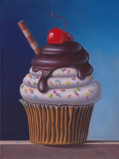 a painting of a cupcake with chocolate frosting and a cherry on top