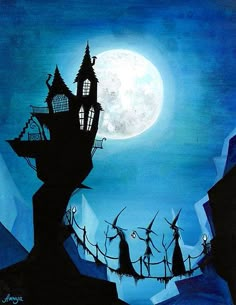 a halloween scene with a castle, bats and full moon in the sky above it