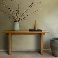 a vase with flowers on a table next to a potted plant in a room