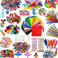 many different types of crafting supplies on a white background