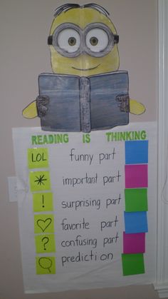 a bulletin board with a minion reading a book