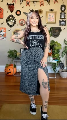 old led zep tank, thrifted vintage maxi skirt, black and white authentic vans Plus Size Alternative Outfits Summer, Mod Size Outfits, Platform Doc Martens Outfit Plus Size, Midsize Cool Outfits, Alt Mom Style, Summer Outfits Alternative Style, Graphic T With Skirt, Plus Size Summer Outfits Alternative, Doc Martin Summer Outfits