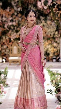 Half Saree Ideas For Engagement, Light Pink Half Sarees, Half Saree Lehenga For Wedding, Simple Lehengas Indian, Lehanga Designs Pattu Lehenga, Pink South Indian Bridal Saree, Saree Ideas For Engagement, Engagement Langa Voni, Pattu Half Saree Blouse Designs Latest