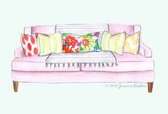 a drawing of a pink couch with colorful pillows on it's armrests