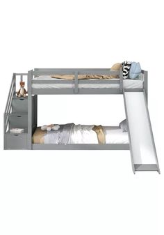 a bunk bed with stairs and slide to the top, next to a child's bed