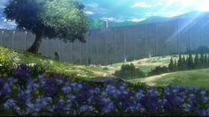 an anime scene with blue flowers in the foreground and a lone tree on the other side