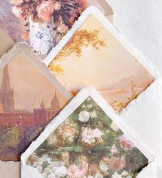 four different pictures are on top of each other with flowers in the middle and one has an old painting