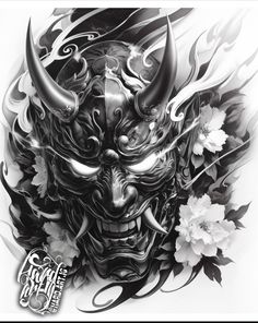 a black and white drawing of a demon with flowers on it's head,