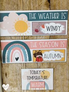 three weather stickers on a wooden door that say the weather is windy, the season is autumn, and today's temperature warm