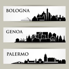 three banners with the names of cities in black and white