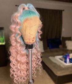 Lace Front Wig Virgin Human Hair Light Blue Pink 150%Density 22" Pink And Blue Wig, Curly Lace Front Wigs, Colored Wigs, Front Lace Wigs Human Hair