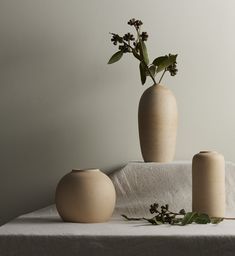 three vases sitting on top of a table with flowers in the middle and one is empty