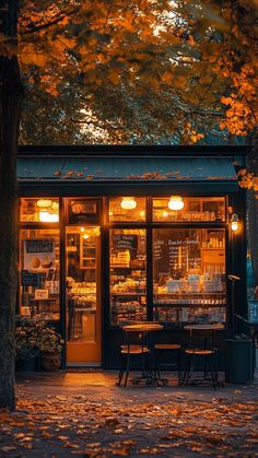 an outdoor cafe is lit up at night with autumn leaves on the ground around it