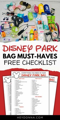 Disney vacation packing checklist for the parks Disney Park Backpack, Disney Park Bag, Disney Printables Free, Disney World Backpack, Packing List For Disney, Disneyland Planning, Disneyland Christmas