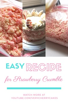 easy recipe for strawberry crumble cake with text overlay that says easy recipe for strawberry crumble cake