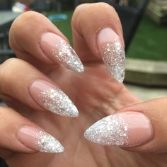 .... Silver Sparkle Nails Almond, Snow Sparkle Nails, White Glitter Fade Nails, New Years Nails Almond Shape Sparkle, Silver Glam Nails, Glitter Almond Nails, Silver Sparkle Nails, Be More Attractive, Natural Nail Art