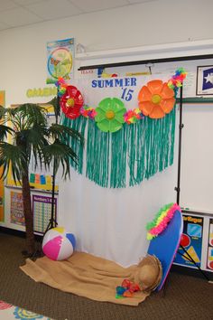 an image of a room with decorations on the wall and palm trees in the background