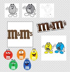 an assortment of m & m's stickers and decals on a transparent background