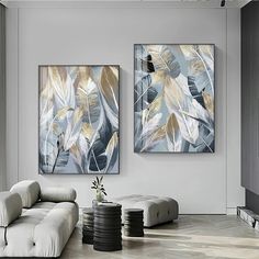 Chic Abstract Blue Golden Feathers Wall Art Fine Art Canvas Prints Posters Pictures For Living Room Dining Room Modern Bedroom Art Decor