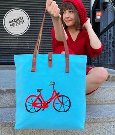 bicycle leather straps tote bag , handmade hand embroidery shoulder bag