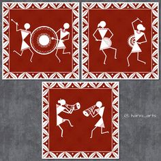 three red and white pictures with people playing instruments on the same piece of paper,