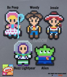 four pixel characters are shown in different sizes and colors, with the words buzz lightyear alien