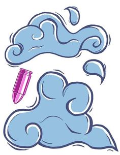 a blue cloud with a pink pen sticking out of it's mouth and some clouds in the background