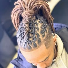 Brown locs braid High Top Fade Loc Styles, Professional Dreadlock Hairstyles, Mohawk Loc Styles For Men, Prom Loc Hairstyles Men, Loc Updo For Men, Half Head Loc Styles For Men, Man Locks Hairstyles, Medium Length Loc Styles Men, Dreadlock Hairstyles For Men Medium