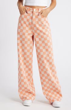 Made from sturdy cotton twill covered in a checkerboard print, these playful pants are designed with a high waist and baggy legs that pool at the hems. Exclusive retailer 32" inseam; 26" leg opening; 15" front rise; 18" back rise (size 14) Zip fly with button closure Five-pocket style 100% cotton Machine wash, line dry Imported Relaxed Fit Cotton Plaid Pants, Trendy Wide Leg Gingham Pants, Casual Wide Leg Gingham Bottoms, Casual Gingham Wide Leg Bottoms, Gingham Cotton Pants, Casual Gingham Cotton Bottoms, Plaid Straight Leg Cotton Pants, Trendy Plaid Cotton Pants, Plaid Cotton Straight Leg Pants