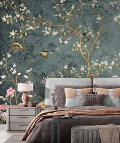 Dark Green Flowers Themed Wallpaper for Home Decor-birds and Flower Design Mural-wallpaper Art - Etsy UK Bedroom Wallpaper Floral, Dark Bedroom Wallpaper, Bedrooms With Wallpaper, Bedroom Ideas Wallpaper, Dark Green Flowers, Boho Living Room Decor Ideas, Branches Wallpaper, Pouf Chair, Wallpaper For Home