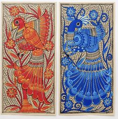 two paintings depicting birds in blue and orange colors on white paper, each with an intricate design