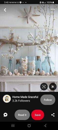 an image of a fireplace with flowers and seashells on it