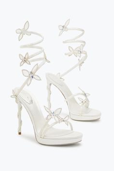 Margot Crystal White Platform Sandal 120 Wedding Ideas Shoes, White Quince Shoes, Strappy Wedding Heels, White Heels Wedding Bridal Shoes, Bride Wedding Shoes Heels, White Elegant Heels, Heels With Bows On Back, Pretty White Heels, Whimsical Wedding Shoes