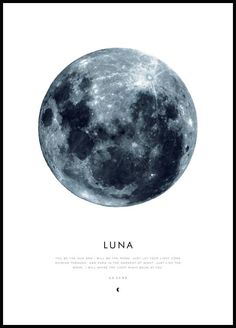 the full moon is shown in black and white, as well as an inscription that reads luna